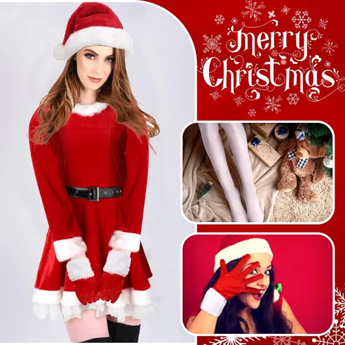 Vista 7 de Janmercy Conjunto de disfraz de Papá Noel, trajes de Navidad con vestido de terciopelocapa, medias altas hasta el muslo, guantes y sombrero de Santa