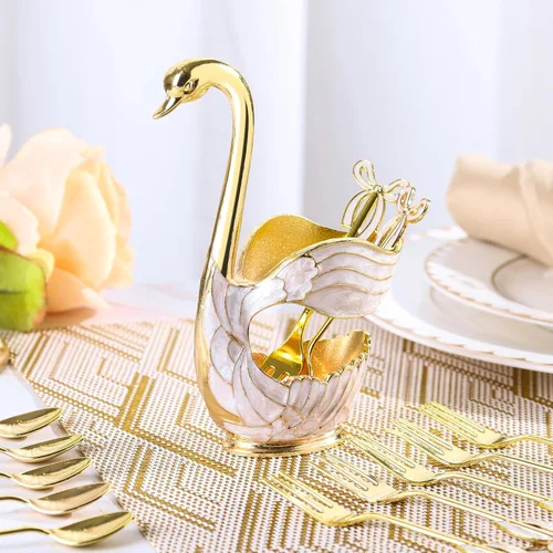 Vista 6 de Soporte de base de cisne dorado, organizador de cucharas de postre de cisne decorativo para mesa, con juego de 6 cucharas de café, elegantes