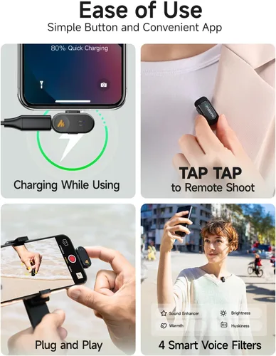 Vista 7 de MAONO Wave T1 Mini micrófono inalámbrico Lavalier para iPhone/Android, cancelación de ruido, filtro de voz AI, 30 horas utilizado con estuche