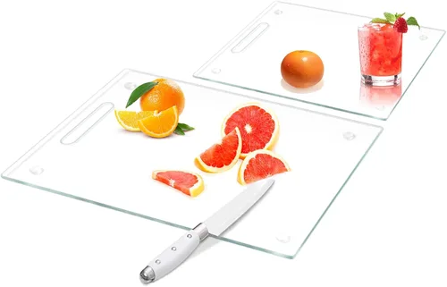 Vista 8 de Tablas de cortar de vidrio templado con asa, 2 tablas de cortar de vidrio, juego de tablas de cortar de vidrio con mango de 16 x 12 pulgadas y 12 x
