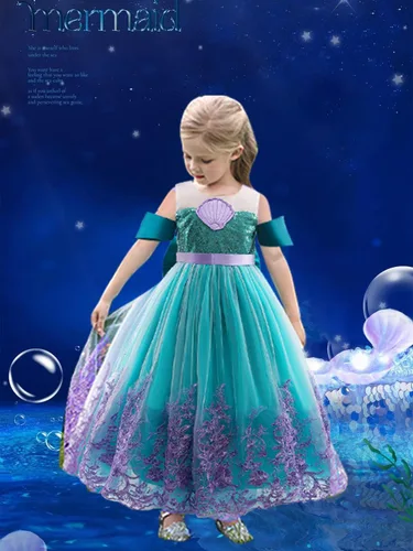 Vista 4 de keaiyouhuo Vestido de princesa sirena 3-13T para niñas, disfraz de cosplay, vestido de fiesta de cumpleaños + peluca roja