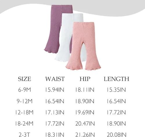 Vista 6 de SOBOWO Pantalones acampanados para bebé, paquete de 3 unidades para niña pequeña, color liso, acanalado, con volantes, pantalones acampanados