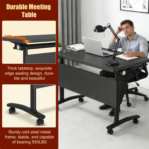 Vista 7 de Mesas plegables para sala de conferencias, mesa de entrenamiento móvil abatible con ruedas giratorias de 360°, mesa de conferencias moderna