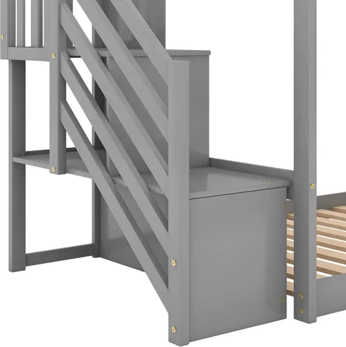Vista 3 de SOFTSEA Twin Over Twin Low Bunk Bed with Slide and Stairs, Kids Floor Bunk Beds with Storage, Gray Grey