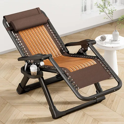 Vista 3 de Zero Gravity - Silla reclinable plegable ajustable de bambú con almohada y soporte para tazas, patio, césped, reclinable, para exteriores, piscina