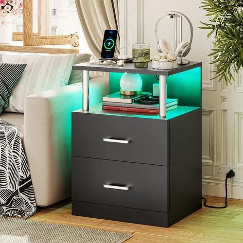 Vista 7 de VIAGDO - Mesa de noche negra con estación de carga y puertos USB, mesa de noche LED con 2 cajones, mesas de cabecera modernas con almacenamiento