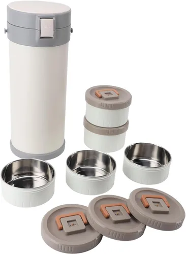 Vista 4 de Caja de acero inoxidable aislada, tarro de alimentos aislado de acero inoxidable de 5 capas apilable con correa a prueba de fugas para microondas