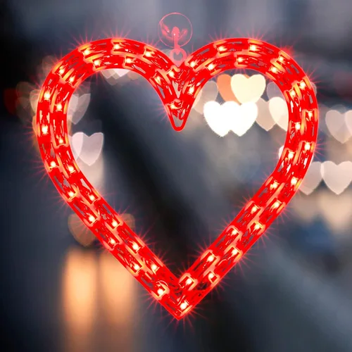 Vista 3 de Decoración de silueta de ventana de corazón rojo iluminado 50L para el día de San Valentín, corazón de luces de San Valentín Corazón rojo de 50 LED