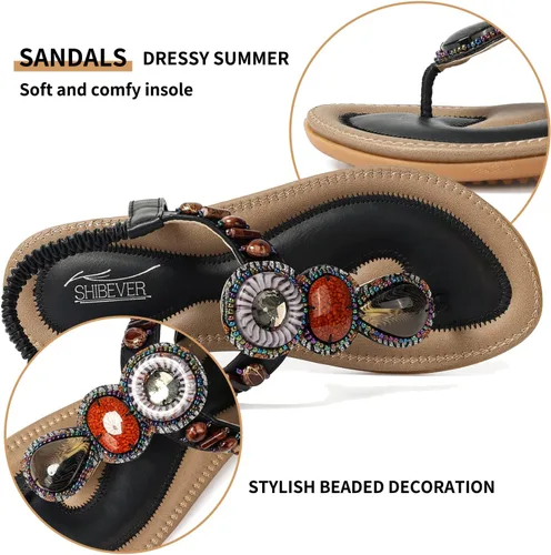 Vista 3 de SHIBEVER - Sandalias planas de verano para mujer, cómodas, informales, de playa, estilo bohemio, con cuentas