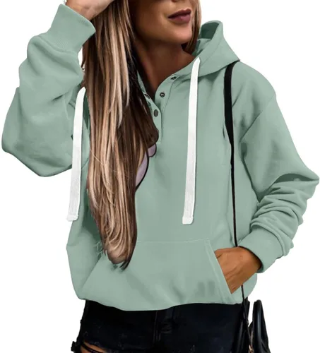 Vista 2 de Sudadera casual con capucha para mujer, manga larga, lisa, ligera, holgada, con bolsillo
