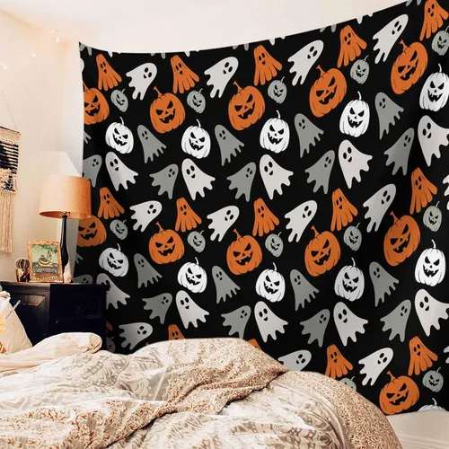 Vista 8 de Tapiz de Halloween para colgar en la pared, fantasma, monstruo de calabazas, tapiz estético lindo de dibujos animados naranja para dormitorio, sala