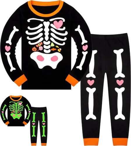 Vista 43 de HONGTEYA Ropa de Halloween para niños y niñas, ropa de esqueleto de algodón para niños pequeños, talla 3-7T