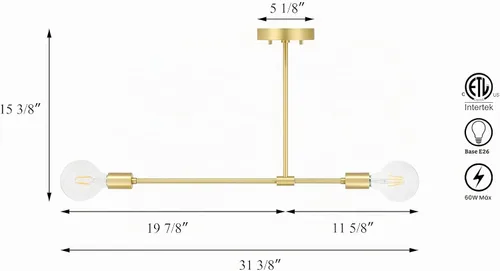 Vista 4 de XiNBEi Lighting Lámpara de techo semiempotrada de latón moderna Sputnik de 2 luces, lámpara de techo industrial para dormitorio, comedor, pasillo
