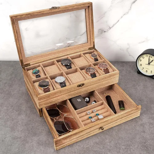 Vista 2 de Emfogo Caja de reloj funda de reloj con 10 ranuras para hombres y mujeres soporte de reloj de madera para hombres regalo para novio día del padre