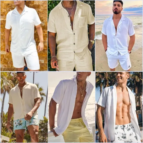 Vista 5 de Fenxxxl Conjuntos de lino para hombre, 2 piezas, de manga corta, con botones, pantalones cortos, conjuntos de ropa de verano, trajes de playa
