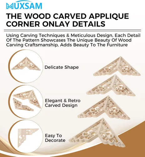 Vista 3 de MUXSAM Apliques decorativos de madera, paquete de 4 calcomanías de madera sin pintar, incrustaciones de incrustaciones de esquinas para armario