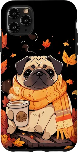 Vista 13 de Pug - Carcasa Kawaii para iPhone 17, diseño de hojas de otoño y calabaza