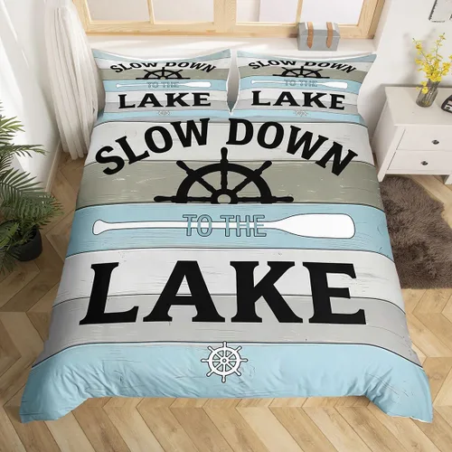 Vista 30 de Erosebridal Lake House Twin Bed Set for Boys Girls Kids, Blue and Beige Lakehouse 2Pcs Duvet Cover with Zipper, Rustic Farmhouse Bedding Sets