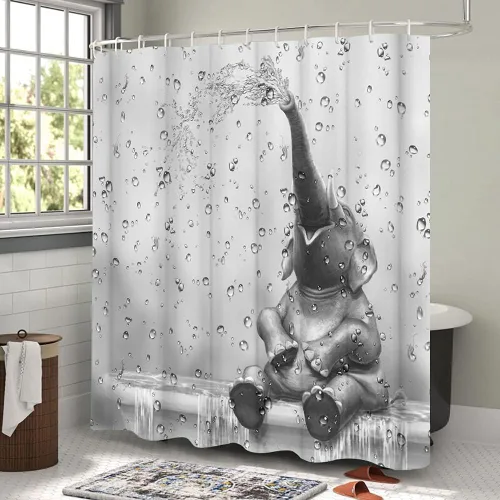 Vista 4 de Cortina de ducha de elefante africano, divertida cortina de baño con diseño de elefante, lindo animal salvaje sobre fondo de gota de lluvia, juego