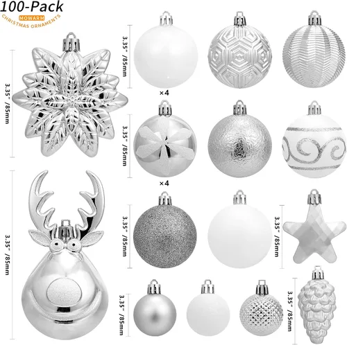 Vista 2 de Paquete de 100 adornos de bola de Navidad, bolas de Navidad de plástico plateado y blanco, inastillables, decoración de árbol de Navidad