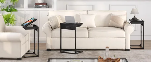 Vista 8 de sthmec Mesa auxiliar en forma de C con estación de carga, mesa auxiliar abatible ajustable de 45° con almacenamiento, mesa pequeña en C