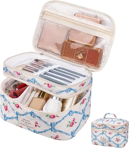 Vista 50 de Gosect Bolsa de maquillaje grande, bonita bolsa de cosméticos para mujeres y niñas, bolsa de aseo estética de coqueta floral, bolsa organizadora