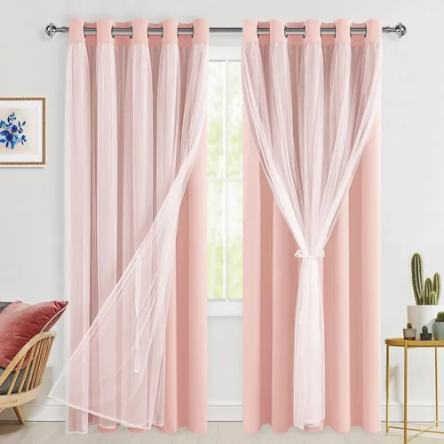 Vista 75 de Hiasan Cortinas opacas con superposición transparente, aislamiento térmico para mezclar y combinar de doble capa, cortinas de oscurecimiento de Beige