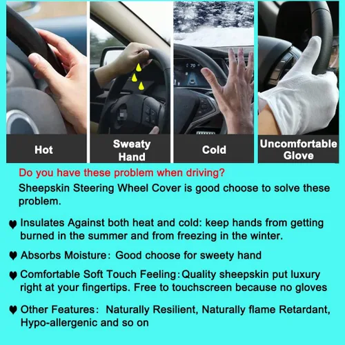 Vista 4 de Funda de volante de piel de oveja suave y esponjosa, para vehículo universal, mujeres y hombres, 14,5-15,5 pulgadas, accesorios peludos