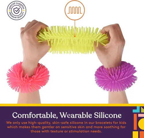 Vista 6 de Special Supplies Pulseras de banda esponjosas para niños, paquete de 6, juguetes sensoriales flexibles y elásticos, silicona táctil al tacto
