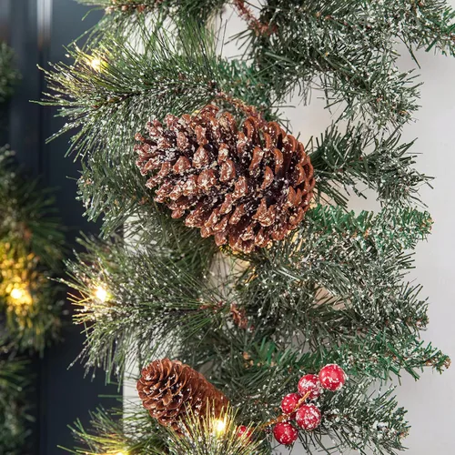 Vista 8 de Glitzhome - Guirnalda de Navidad de 9 pies con luces, guirnalda de Navidad para repisa, guirnalda de Navidad artificial preiluminada con conos