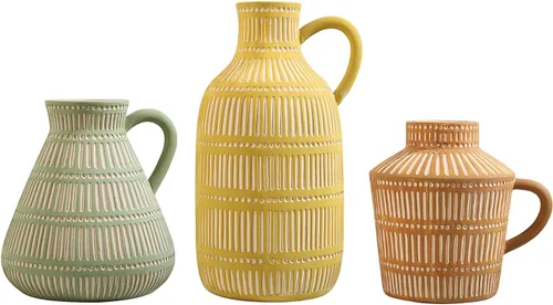Vista 4 de Juego de 3 jarrones de cerámica bohemios para sala de estar, dormitorio, modernos, amarillo, marrón, verde, jarrones para flores artificiales