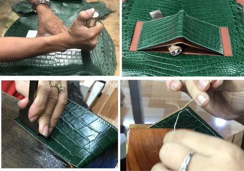 Vista 6 de HATA Cartera plegable de cocodrilo para hombre, hecha a mano para vientre o bocina con bloqueo RFID por vietnamita, Costuras dobles verde-cocodrilo