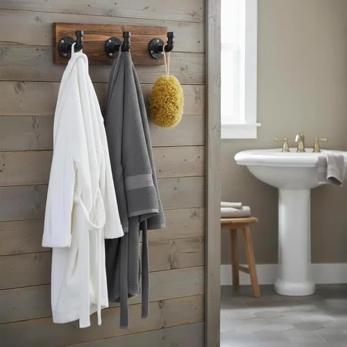 Vista 5 de MyGift Perchero de pared de madera quemada y perchero para sombreros con diseño de accesorio de tubería de 3 ganchos