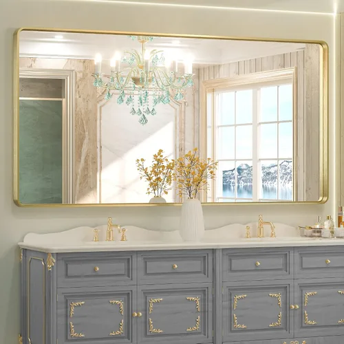 Vista 62 de Espejo de marco dorado cepillado de 16 x 24 pulgadas, espejo de tocador de baño de latón dorado para pared, espejo enmarcado rectangular de esquina