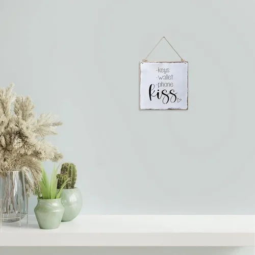 Vista 3 de Letrero de madera de aspecto envejecido con citas y llaves, cartera, teléfono y beso, rústico, letrero de madera decorativo para el hogar, placa