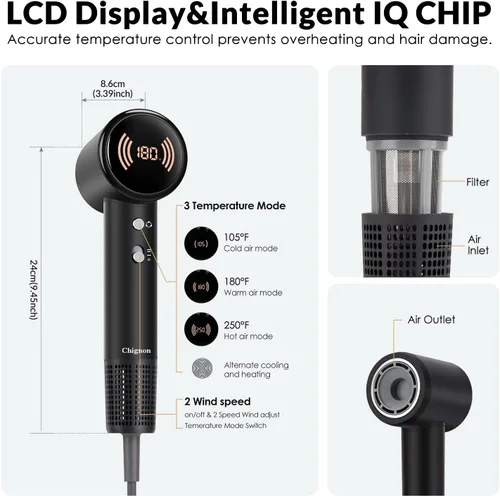 Vista 4 de Chignon Secador de pelo con difusor, secador de pelo iónico de viaje con motor de alta velocidad de 160,000 RPM para secado rápido, secador de pelo