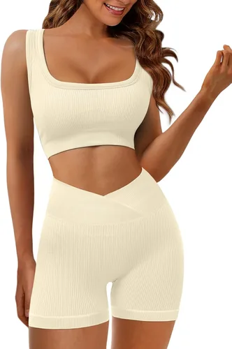 Vista 3 de JZC Conjuntos de entrenamiento para mujer, 2 piezas, acanalados, sin costuras, pantalones cortos de cintura alta, trajes de yoga