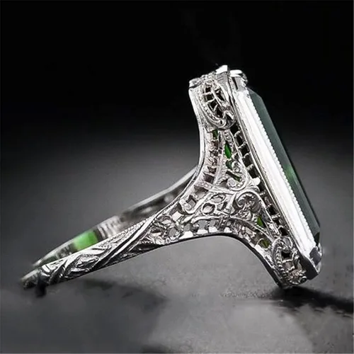 Vista 9 de ChenFeng Anillo de plata 925 hecho a mano con corte baguette con piedra esmeralda verde simulada para hombre y mujer (9)