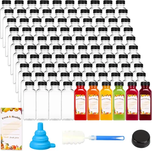 Vista 11 de Moretoes - 144 unidades de botellas de chupito de plástico de 4 onzas con tapas, botellas reutilizables para shots de jengibre, recipientes de jugo