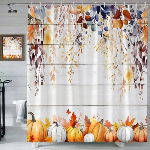 Vista 2 de Cortina de ducha de hojas de otoño, acuarela, naranja, eucalipto, hojas botánicas, calabaza, arce, planta floral en panel de madera de granero