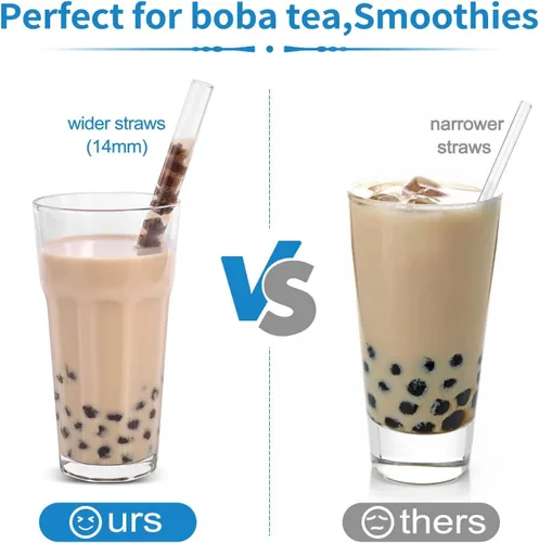 Vista 3 de 10 popotes Boba de vidrio reutilizables, 0.354 x 0.551 in de ancho, para té de burbujas, batidos, juego de 5 rectas y 5 dobladas con 2 cepillos