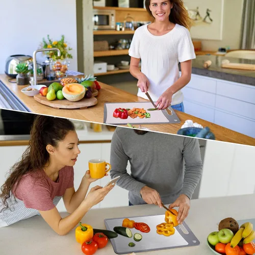 Vista 7 de Tabla de cortar de doble cara, tabla de cortar de acero inoxidable para cocina, grado alimenticio, acero inoxidable y paja de trigo PP, tabla