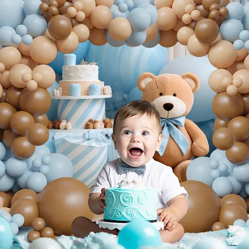 Vista 5 de ECEAE Kit de arco de globos con tema de oso color azul claro, beige, marrón claro y marrón, globos crema, guirnalda de globos para decoración