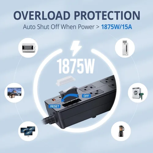 Vista 4 de Regleta de alimentación para exteriores IPX6 resistente a la intemperie, protector de sobretensiones impermeable con 8 tomas anchas con puertos USB