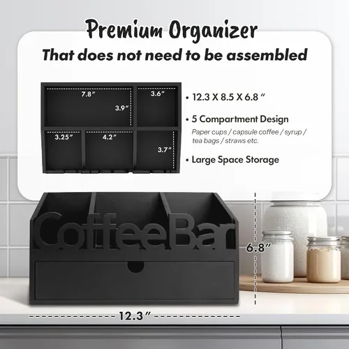 Vista 5 de Organizador de Barra de Café para Encimera - Estación Organizadora de Café de Madera, Organizador de Estación de Café para el Hogar & la Oficina
