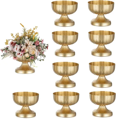 Vista 10 de NUPTIO Jarrones dorados para centros de mesa de boda: Jarrones de compota de latón martillado para arreglos de flores pequeñas - Tazón de pedestal