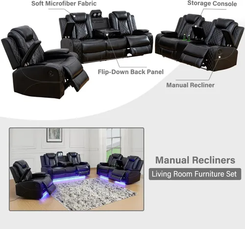 Vista 3 de Sillón reclinable eléctrico para sala de estar, silla reclinable de cuero con LED/almacenamiento, muebles reclinables de 1 plaza, sofá de cuero Negro