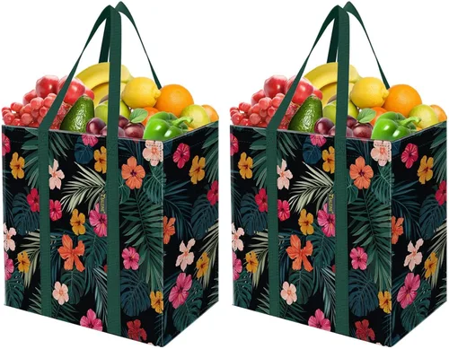 Vista 24 de BALEINE Paquete de 2 bolsas de comestibles reutilizables con parte inferior reforzada, bolsas plegables resistentes (follaje antiguo)