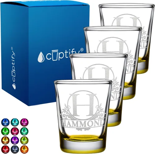 Vista 23 de Vaso de chupito personalizado con nombre de círculo elaborado de 2 onzas, parte inferior negra grabada con texto personalizado para regalos, bodas