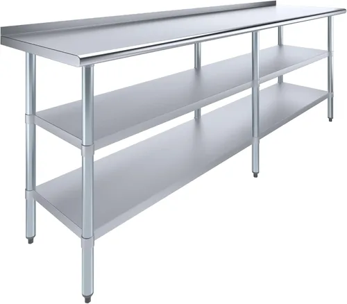 Vista 10 de AmGood Mesa de trabajo de acero inoxidable con protector contra salpicaduras de 1.5 pulgadas y 2 estantes Mesa de cocina de metal para preparación